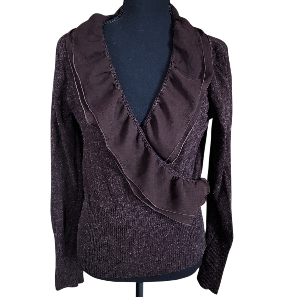 SAGA Romantic Cashmere Blend Ruffle Coquette Deep V Faux Wrap Sweater